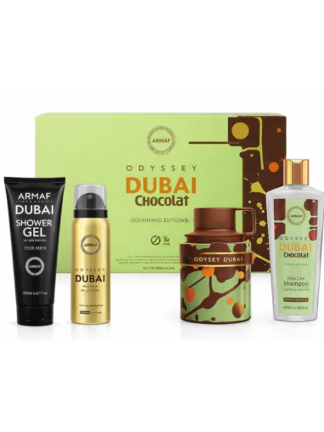 Estuche Odyssey Dubai Chocolate 4pzs Splash Spary Crema Armaf