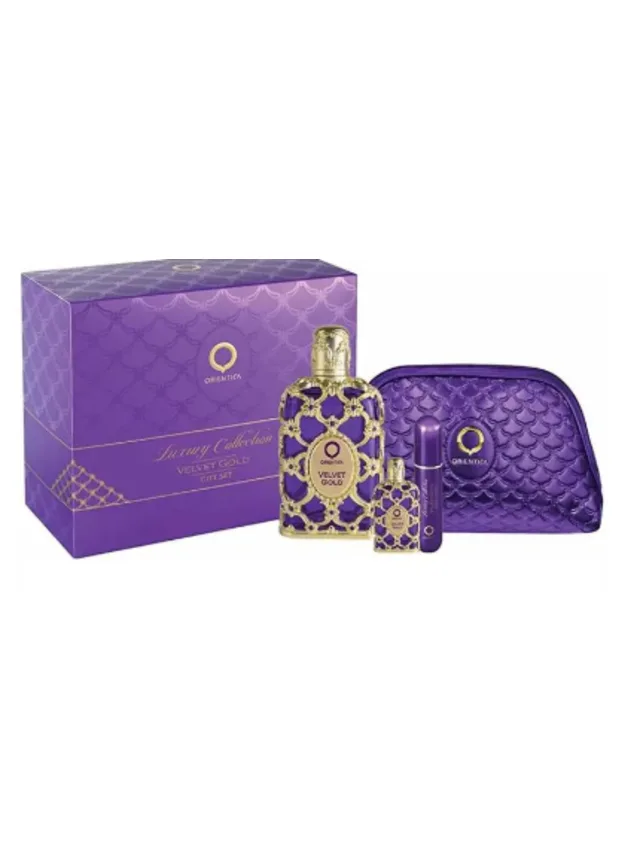 Estuche Velvet Gold 4pzs Atomizador Cosmetiquera Orientica